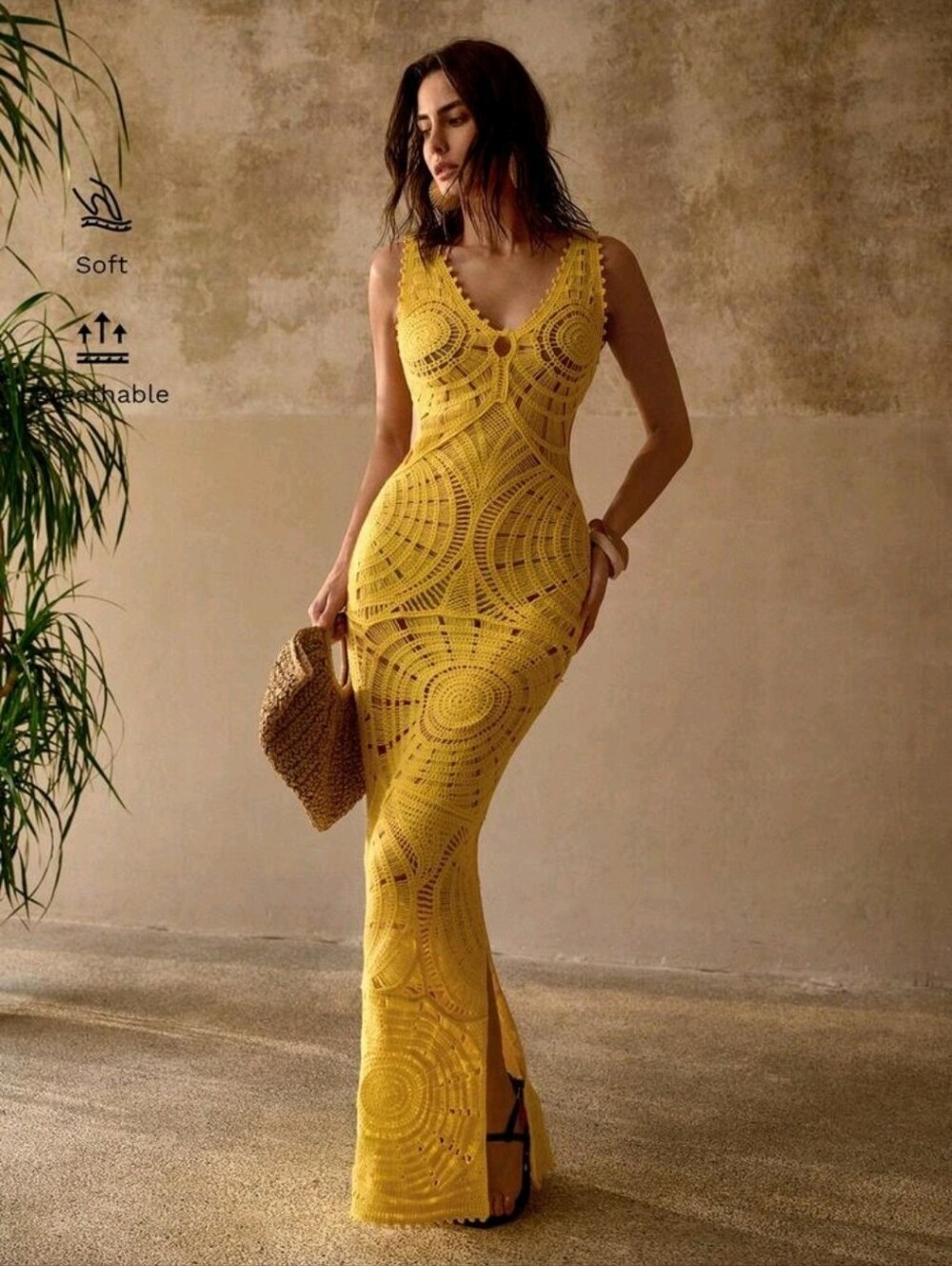 MOTF PREMIUM DEEP V-NECK TEXTURED ELEGANT BACKLESS DRESS, SHEER FISH TAIL